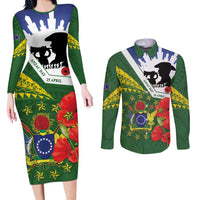 Cook Islands ANZAC Day Couples Matching Long Sleeve Bodycon Dress and Long Sleeve Button Shirt Last Post Lest We Forget LT14 Green - Polynesian Pride