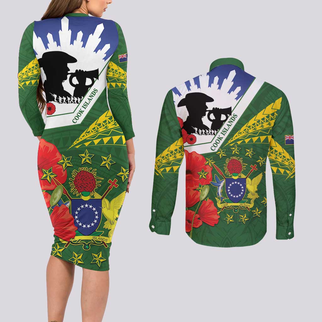 Cook Islands ANZAC Day Couples Matching Long Sleeve Bodycon Dress and Long Sleeve Button Shirt Last Post Lest We Forget LT14 - Polynesian Pride