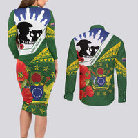 Cook Islands ANZAC Day Couples Matching Long Sleeve Bodycon Dress and Long Sleeve Button Shirt Last Post Lest We Forget LT14 - Polynesian Pride