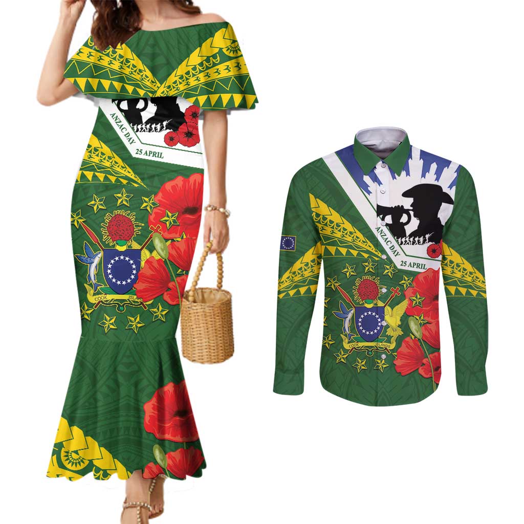 Cook Islands ANZAC Day Couples Matching Mermaid Dress and Long Sleeve Button Shirt Last Post Lest We Forget LT14 Green - Polynesian Pride