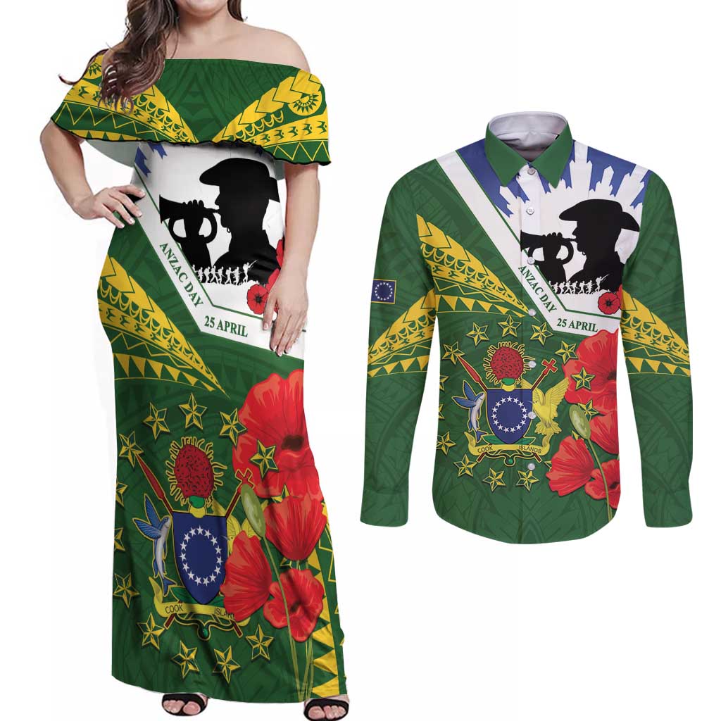 Cook Islands ANZAC Day Couples Matching Off Shoulder Maxi Dress and Long Sleeve Button Shirt Last Post Lest We Forget LT14 Green - Polynesian Pride