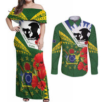 Cook Islands ANZAC Day Couples Matching Off Shoulder Maxi Dress and Long Sleeve Button Shirt Last Post Lest We Forget LT14 Green - Polynesian Pride
