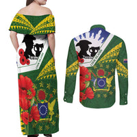 Cook Islands ANZAC Day Couples Matching Off Shoulder Maxi Dress and Long Sleeve Button Shirt Last Post Lest We Forget LT14 - Polynesian Pride