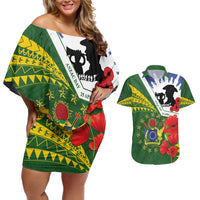 Cook Islands ANZAC Day Couples Matching Off Shoulder Short Dress and Hawaiian Shirt Last Post Lest We Forget LT14 Green - Polynesian Pride