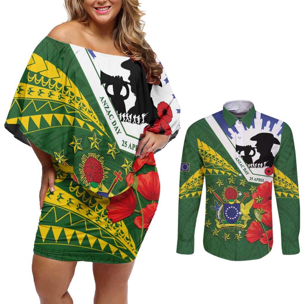 Cook Islands ANZAC Day Couples Matching Off Shoulder Short Dress and Long Sleeve Button Shirt Last Post Lest We Forget LT14 Green - Polynesian Pride