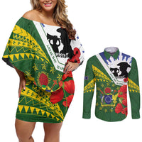 Cook Islands ANZAC Day Couples Matching Off Shoulder Short Dress and Long Sleeve Button Shirt Last Post Lest We Forget LT14 Green - Polynesian Pride