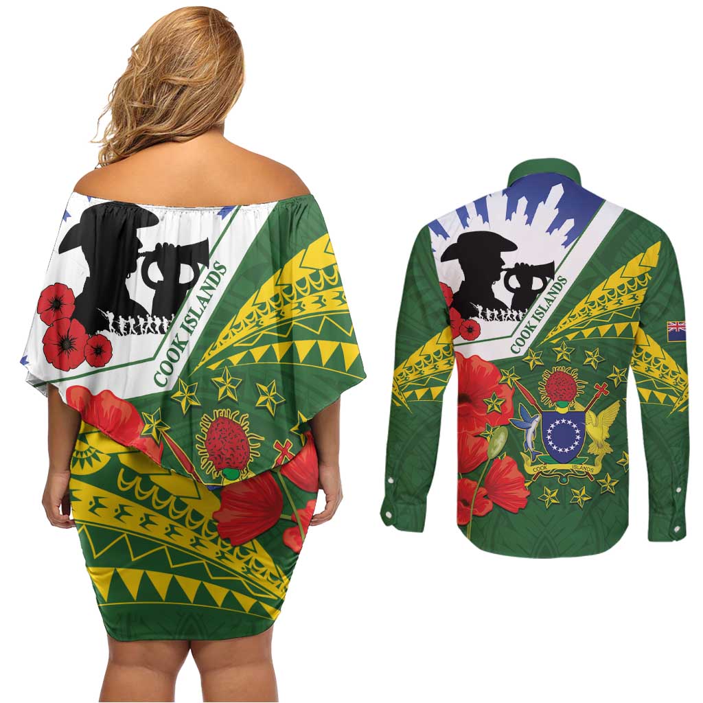 Cook Islands ANZAC Day Couples Matching Off Shoulder Short Dress and Long Sleeve Button Shirt Last Post Lest We Forget LT14 - Polynesian Pride