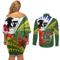 Cook Islands ANZAC Day Couples Matching Off Shoulder Short Dress and Long Sleeve Button Shirt Last Post Lest We Forget LT14 - Polynesian Pride