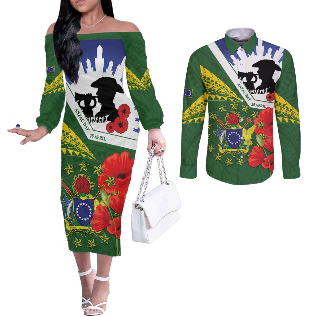 Cook Islands ANZAC Day Couples Matching Off The Shoulder Long Sleeve Dress and Long Sleeve Button Shirt Last Post Lest We Forget LT14 Green - Polynesian Pride