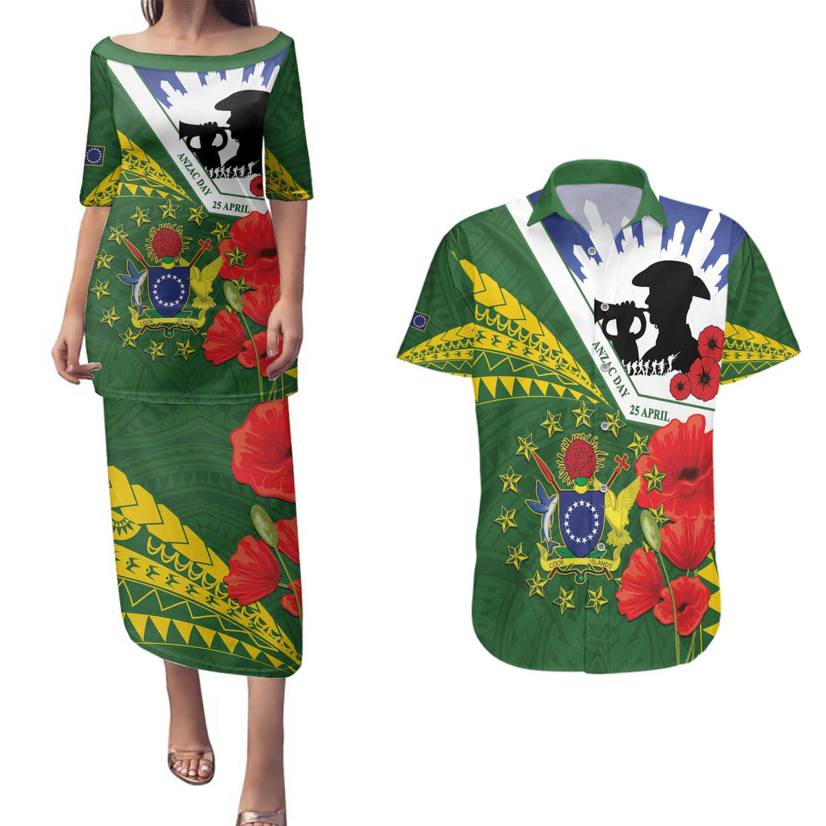 Cook Islands ANZAC Day Couples Matching Puletasi and Hawaiian Shirt Last Post Lest We Forget LT14 Green - Polynesian Pride