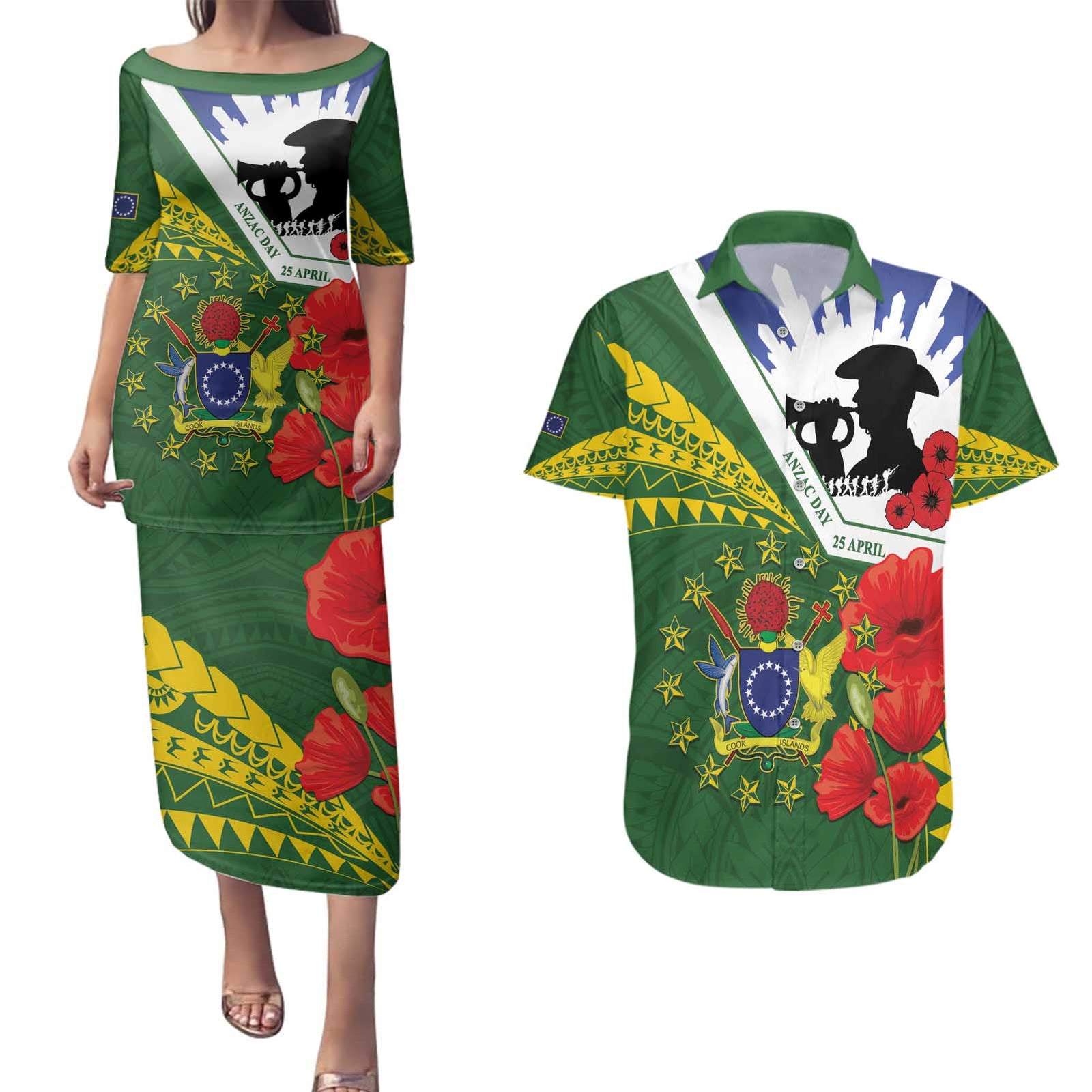 Cook Islands ANZAC Day Couples Matching Puletasi and Hawaiian Shirt Last Post Lest We Forget LT14 Green - Polynesian Pride