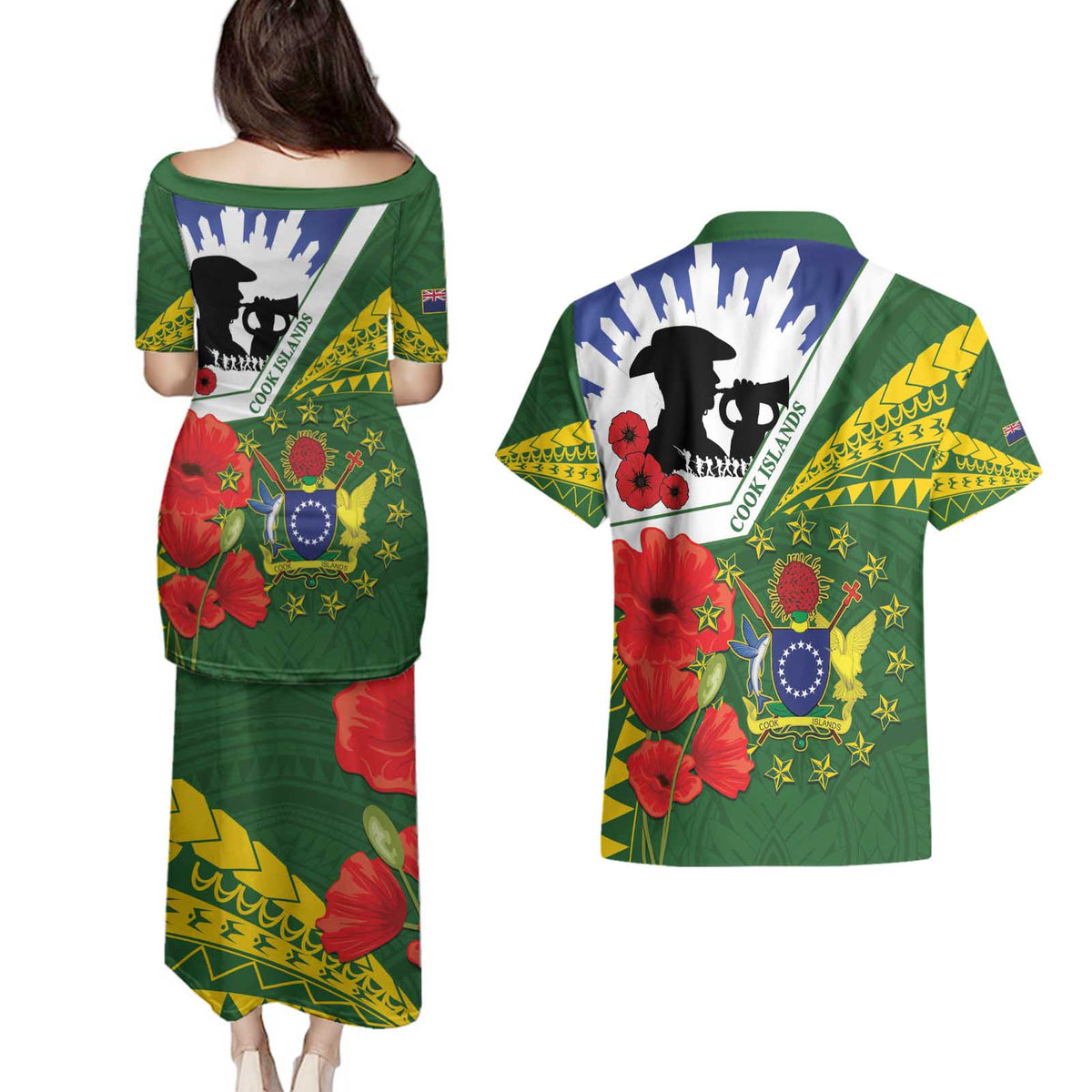 Cook Islands ANZAC Day Couples Matching Puletasi and Hawaiian Shirt Last Post Lest We Forget LT14 - Polynesian Pride