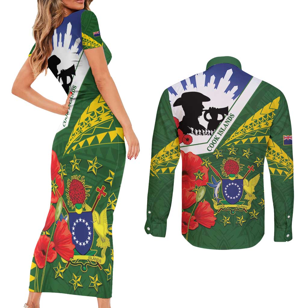 Cook Islands ANZAC Day Couples Matching Short Sleeve Bodycon Dress and Long Sleeve Button Shirt Last Post Lest We Forget LT14 - Polynesian Pride