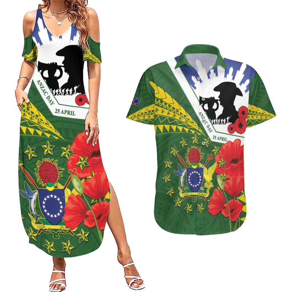 Cook Islands ANZAC Day Couples Matching Summer Maxi Dress and Hawaiian Shirt Last Post Lest We Forget LT14 Green - Polynesian Pride