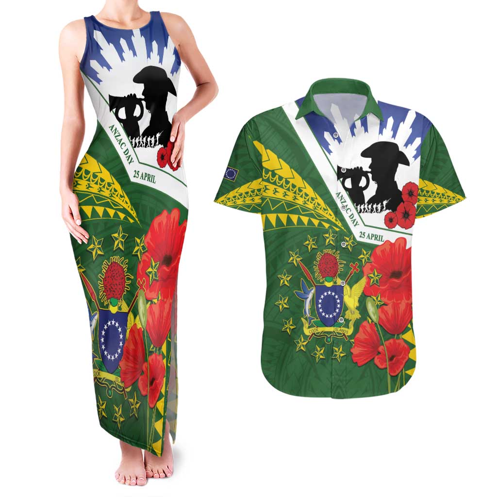 Cook Islands ANZAC Day Couples Matching Tank Maxi Dress and Hawaiian Shirt Last Post Lest We Forget LT14 Green - Polynesian Pride