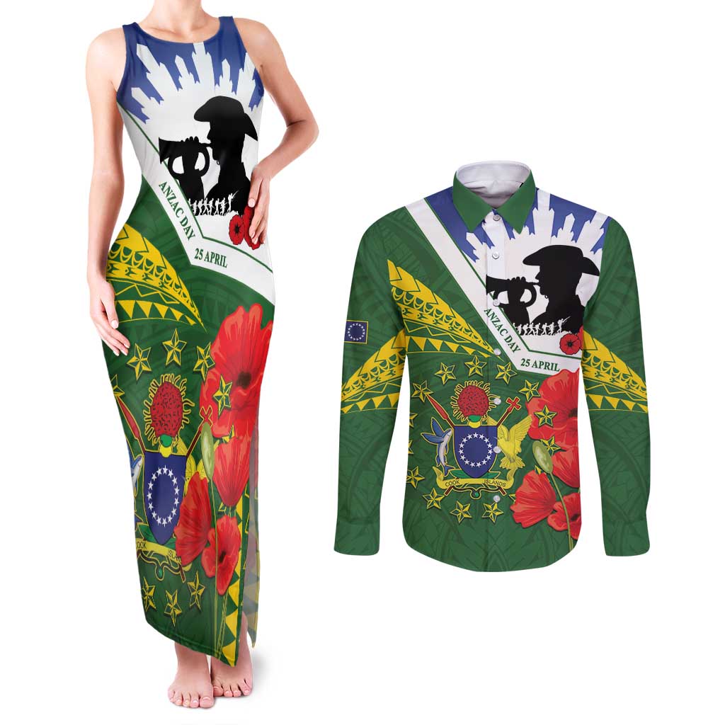 Cook Islands ANZAC Day Couples Matching Tank Maxi Dress and Long Sleeve Button Shirt Last Post Lest We Forget LT14 Green - Polynesian Pride