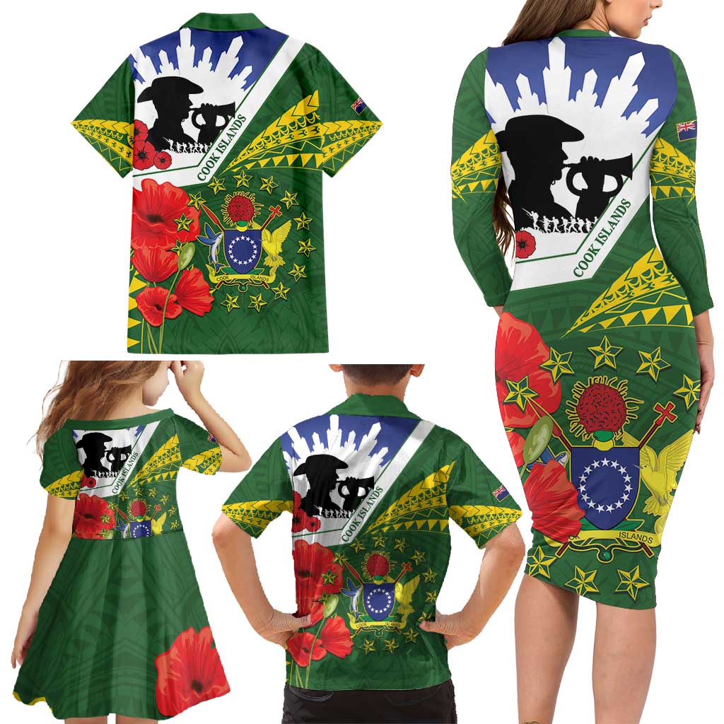 Cook Islands ANZAC Day Family Matching Long Sleeve Bodycon Dress and Hawaiian Shirt Last Post Lest We Forget