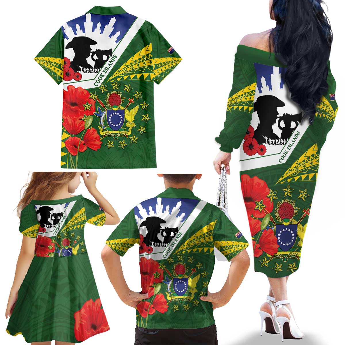 Cook Islands ANZAC Day Family Matching Off The Shoulder Long Sleeve Dress and Hawaiian Shirt Last Post Lest We Forget