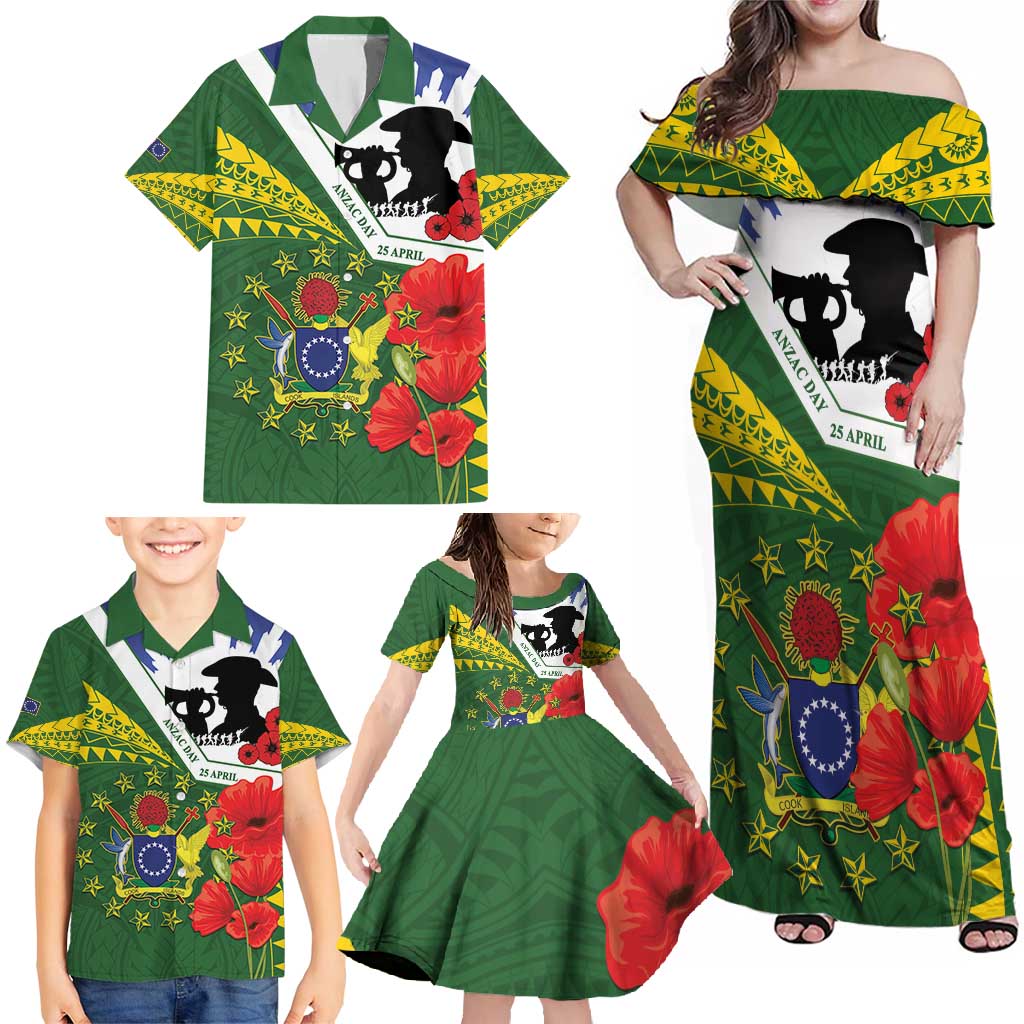Cook Islands ANZAC Day Family Matching Off Shoulder Maxi Dress and Hawaiian Shirt Last Post Lest We Forget