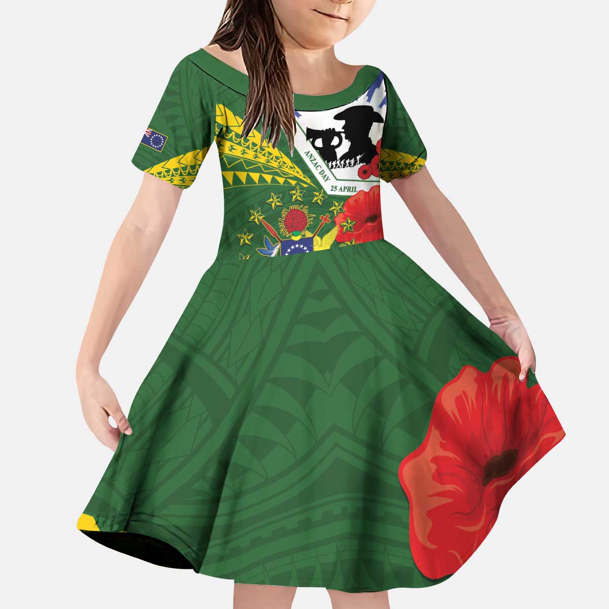 Cook Islands ANZAC Day Kid Short Sleeve Dress Last Post Lest We Forget LT14 KID Green - Polynesian Pride