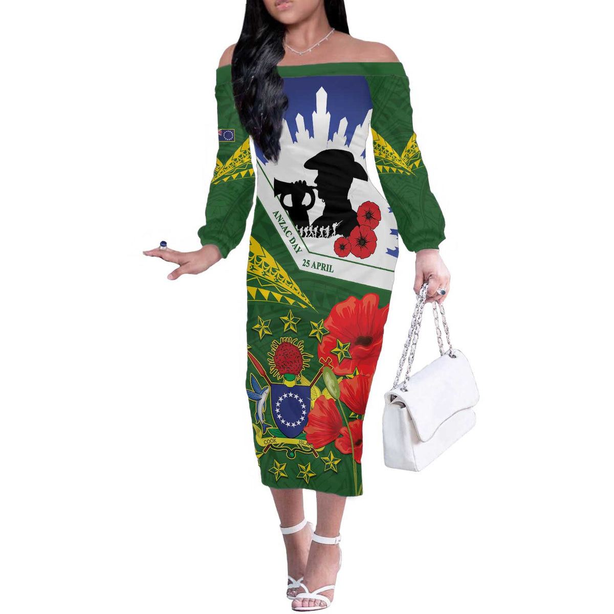 Cook Islands ANZAC Day Off The Shoulder Long Sleeve Dress Last Post Lest We Forget