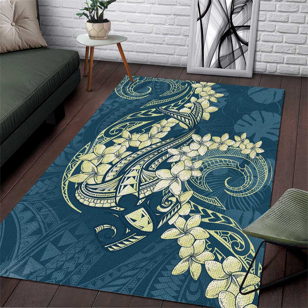 Cyan Polynesia Hammerhead Shark Tattoo With Plumeria Lei Area Rug