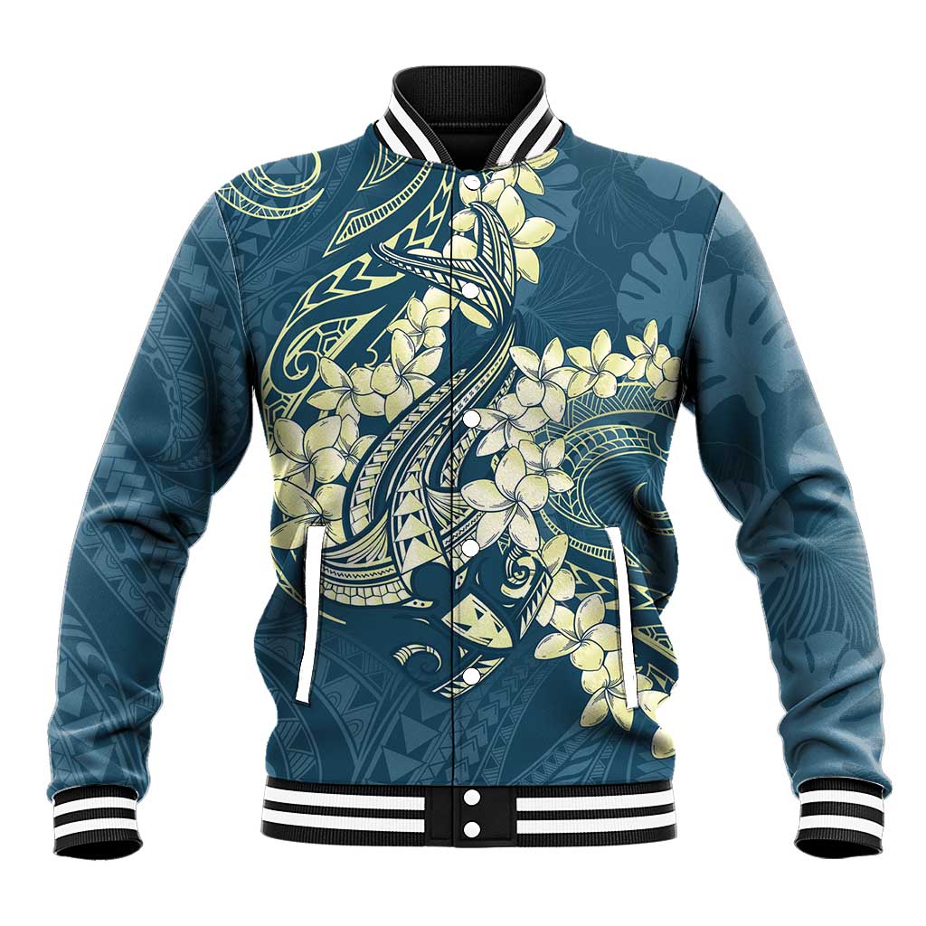 Cyan Polynesia Hammerhead Shark Tattoo With Plumeria Lei Baseball Jacket LT14 Unisex Cyan - Polynesian Pride