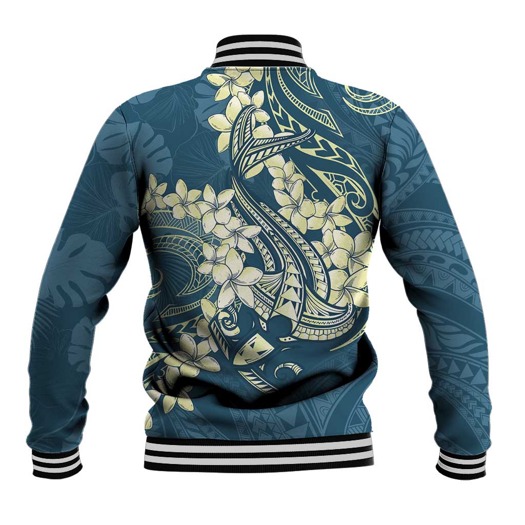 Cyan Polynesia Hammerhead Shark Tattoo With Plumeria Lei Baseball Jacket LT14 - Polynesian Pride
