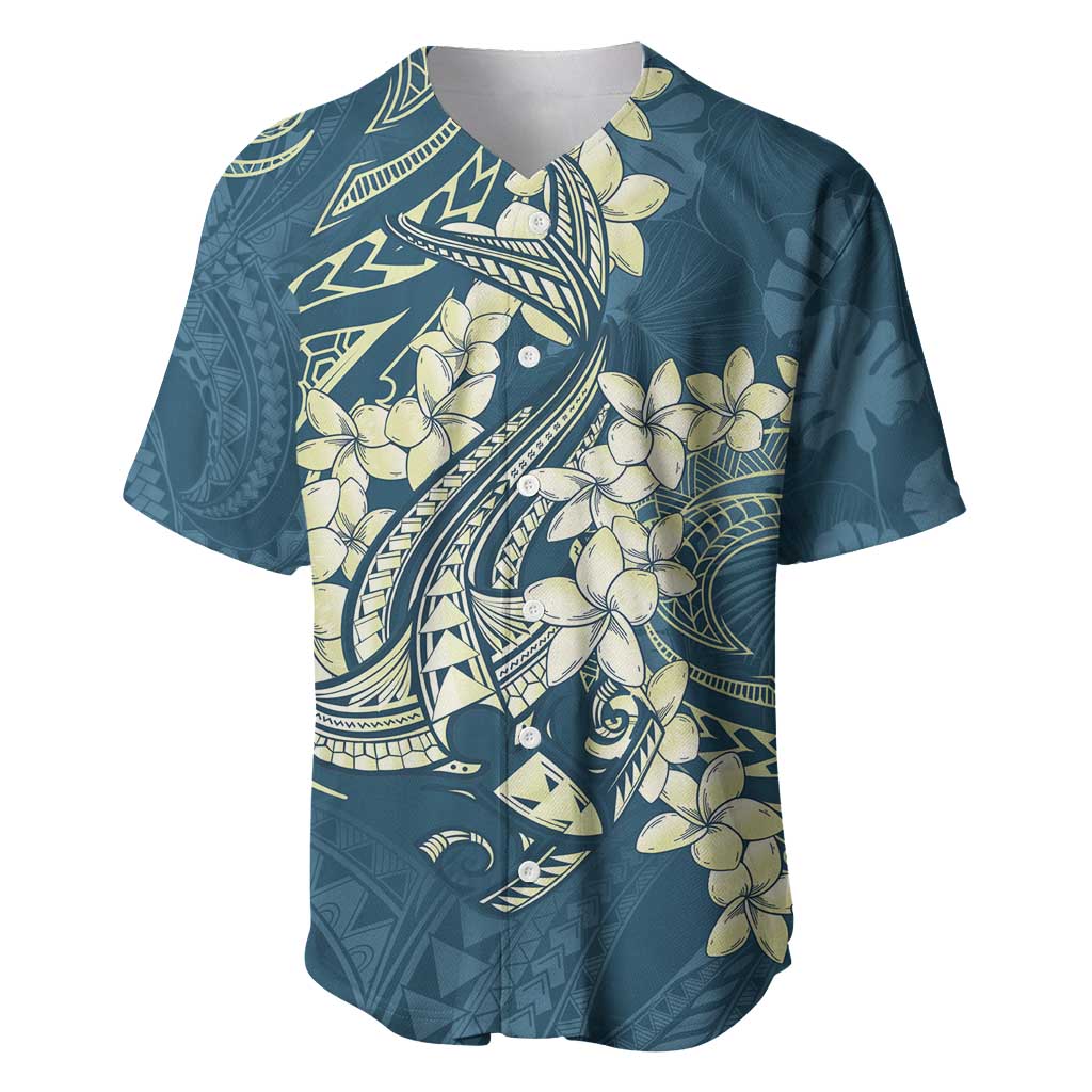 Cyan Polynesia Hammerhead Shark Tattoo With Plumeria Lei Baseball Jersey