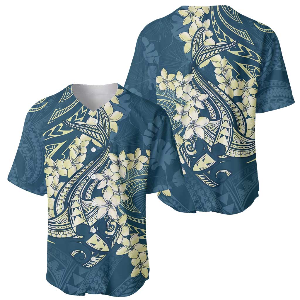 Cyan Polynesia Hammerhead Shark Tattoo With Plumeria Lei Baseball Jersey