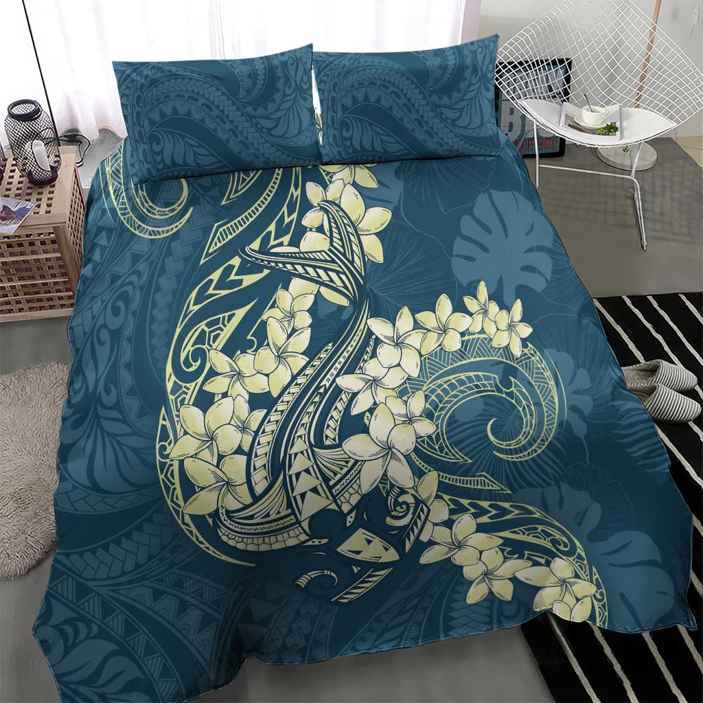 Cyan Polynesia Hammerhead Shark Tattoo With Plumeria Lei Bedding Set