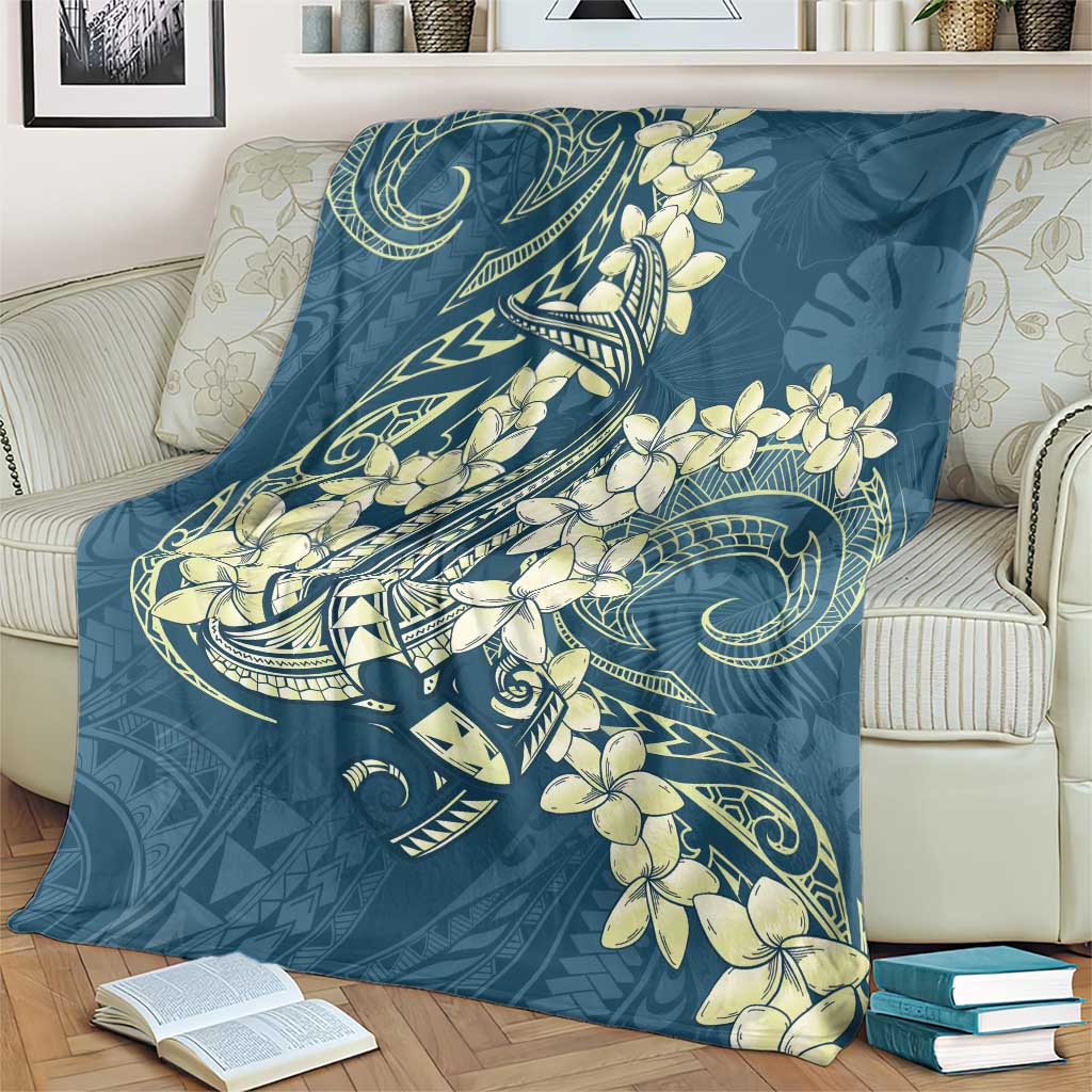 Cyan Polynesia Hammerhead Shark Tattoo With Plumeria Lei Blanket LT14 - Polynesian Pride