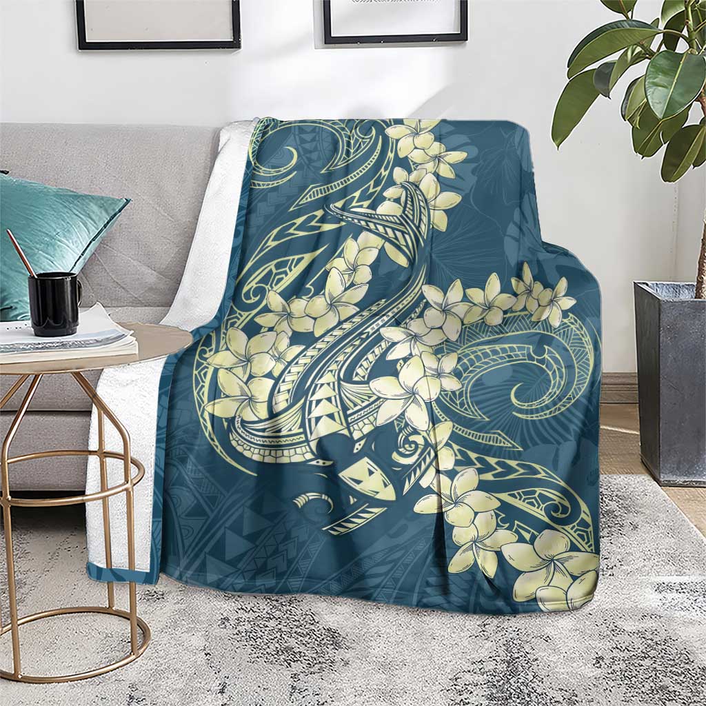 Cyan Polynesia Hammerhead Shark Tattoo With Plumeria Lei Blanket LT14 - Polynesian Pride