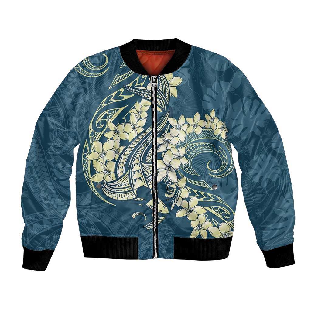 Cyan Polynesia Hammerhead Shark Tattoo With Plumeria Lei Bomber Jacket