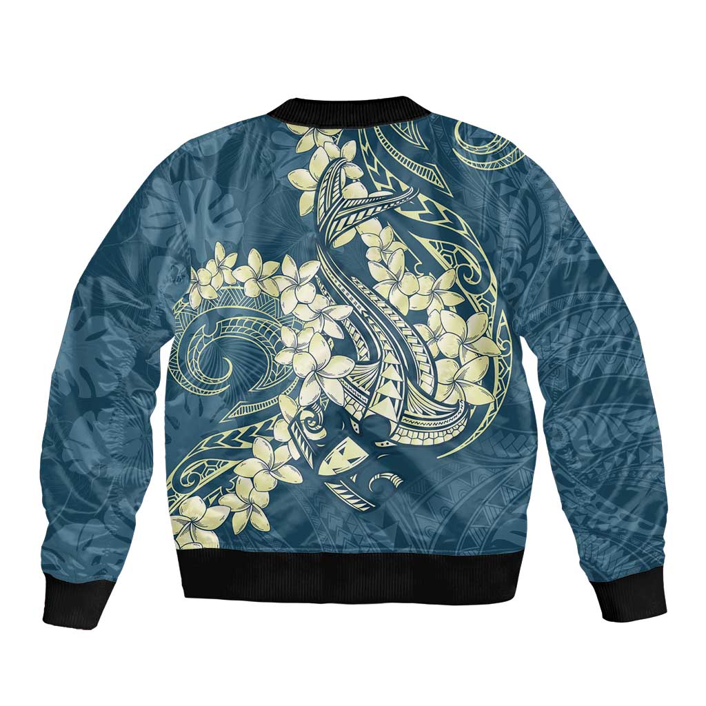 Cyan Polynesia Hammerhead Shark Tattoo With Plumeria Lei Bomber Jacket