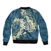 Cyan Polynesia Hammerhead Shark Tattoo With Plumeria Lei Bomber Jacket