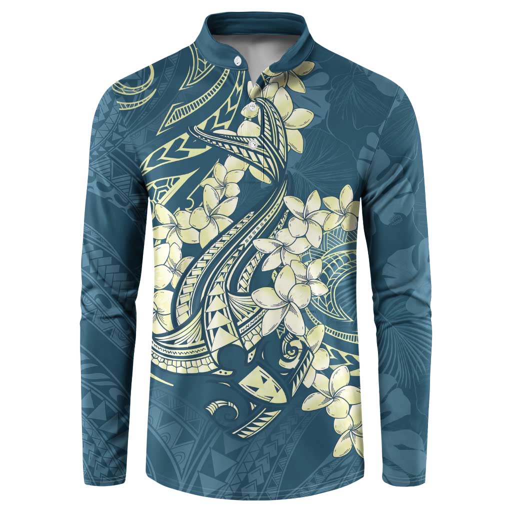 Cyan Polynesia Hammerhead Shark Tattoo With Plumeria Lei Button Sweatshirt