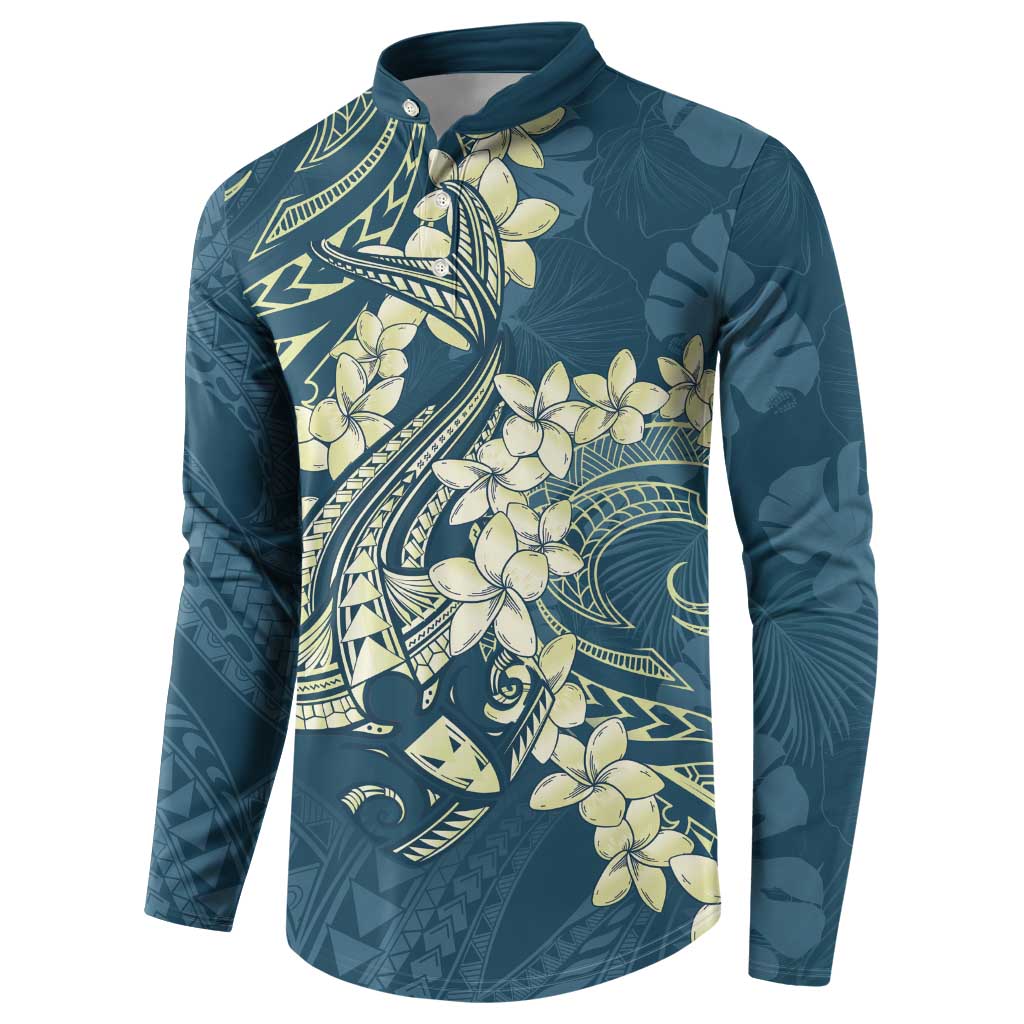 Cyan Polynesia Hammerhead Shark Tattoo With Plumeria Lei Button Sweatshirt