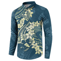 Cyan Polynesia Hammerhead Shark Tattoo With Plumeria Lei Button Sweatshirt
