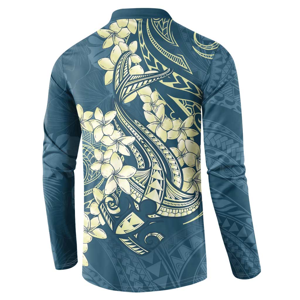 Cyan Polynesia Hammerhead Shark Tattoo With Plumeria Lei Button Sweatshirt