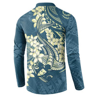 Cyan Polynesia Hammerhead Shark Tattoo With Plumeria Lei Button Sweatshirt