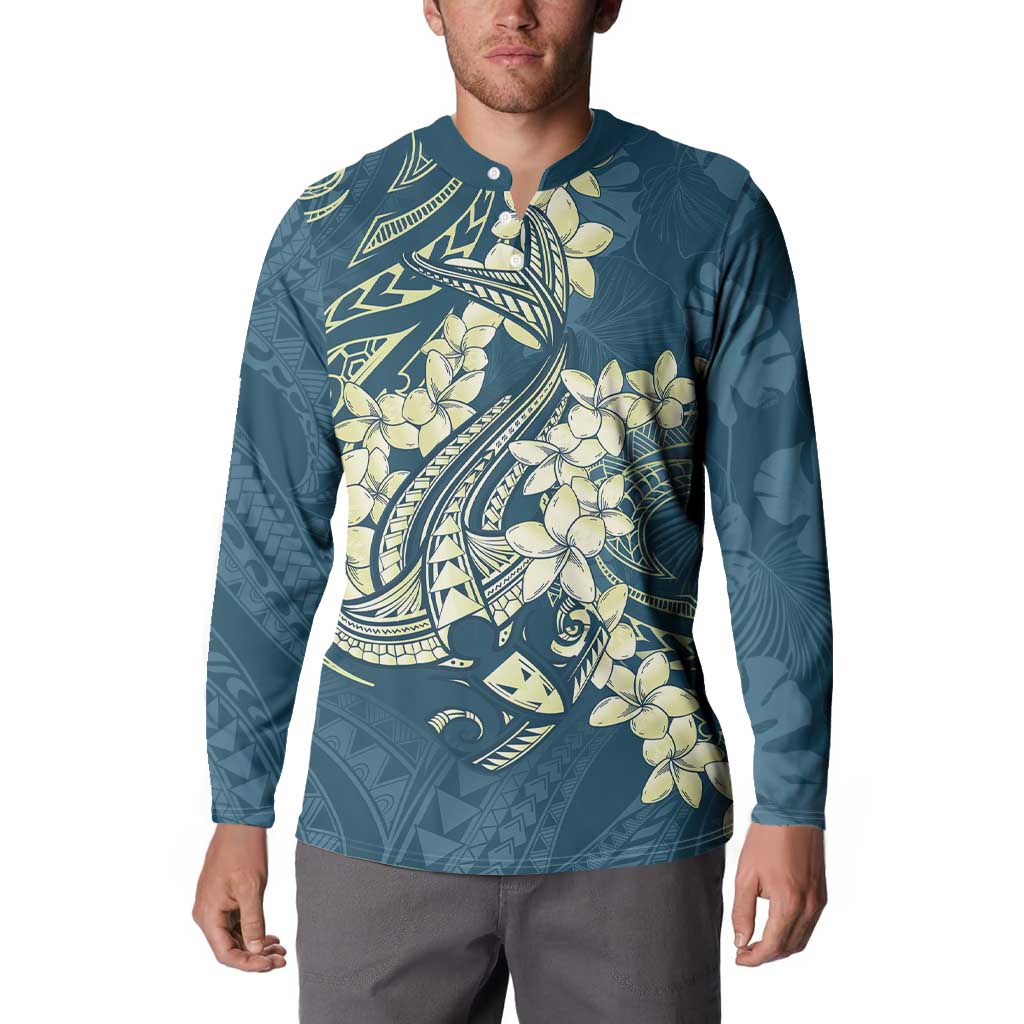 Cyan Polynesia Hammerhead Shark Tattoo With Plumeria Lei Button Sweatshirt