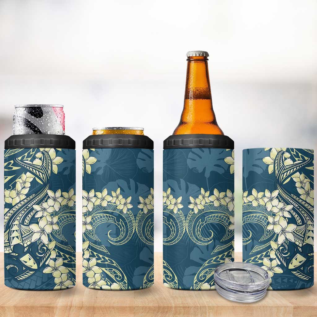 Cyan Polynesia Hammerhead Shark Tattoo With Plumeria Lei 4 in 1 Can Cooler Tumbler LT14 - Polynesian Pride