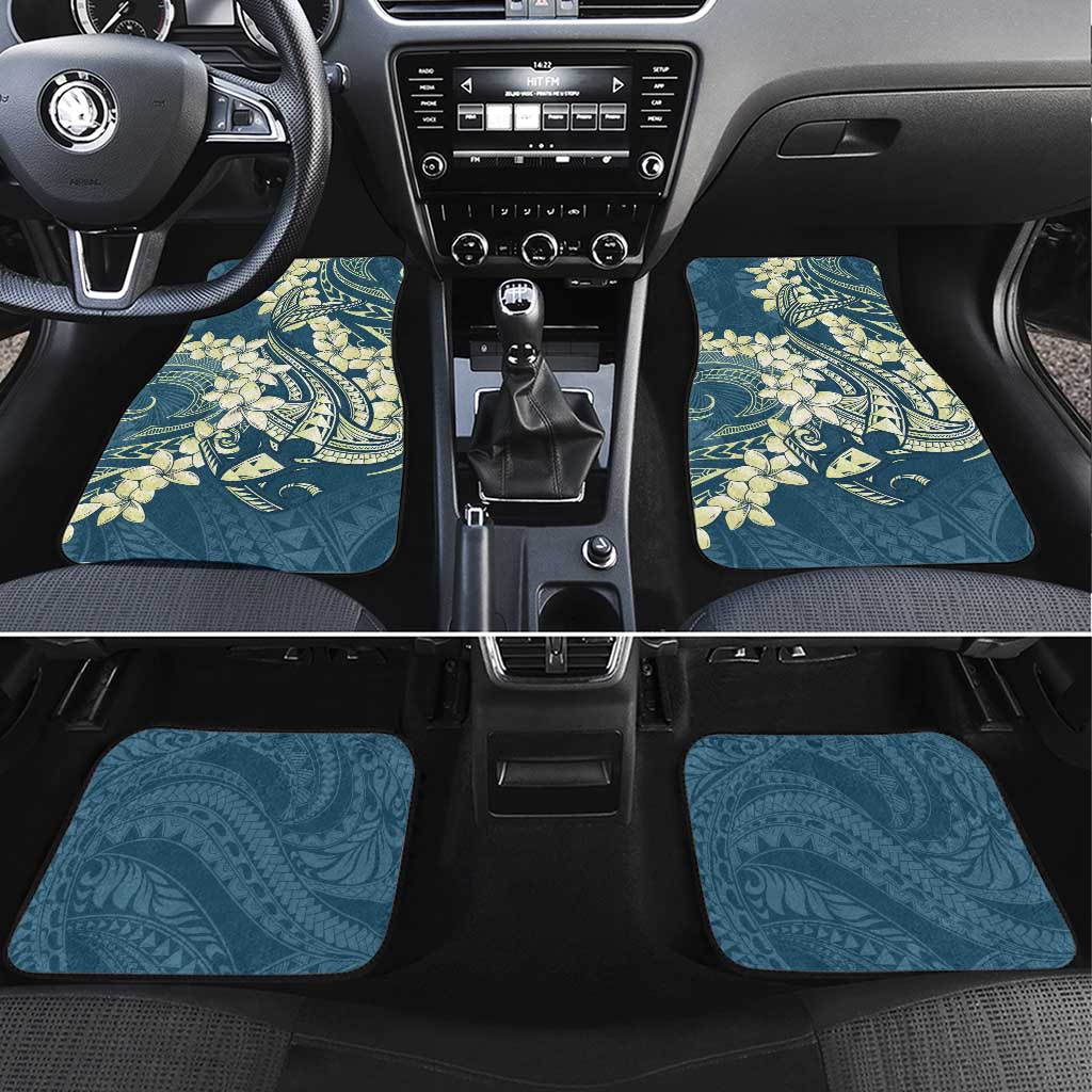 Cyan Polynesia Hammerhead Shark Tattoo With Plumeria Lei Car Mats LT14 Set 4pcs Cyan - Polynesian Pride