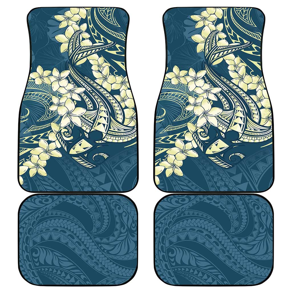 Cyan Polynesia Hammerhead Shark Tattoo With Plumeria Lei Car Mats LT14 - Polynesian Pride