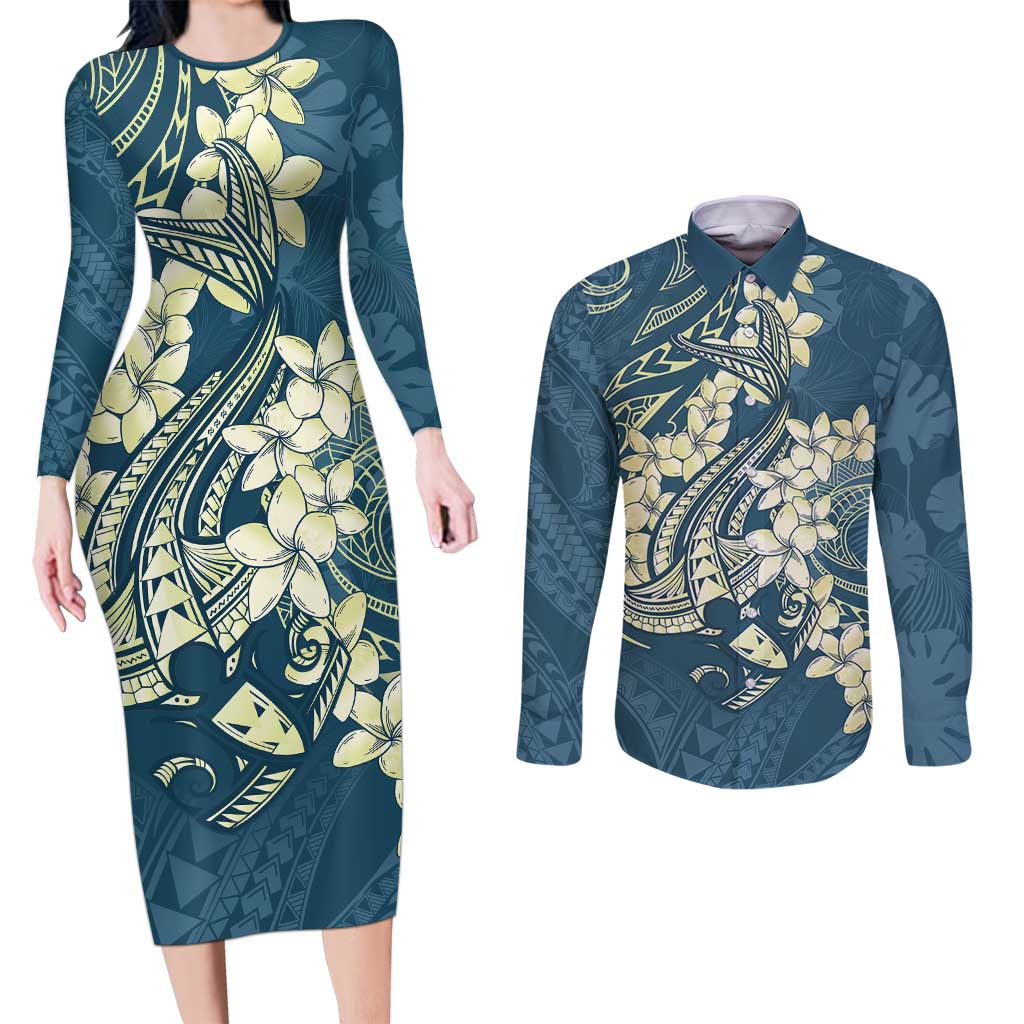 Cyan Polynesia Hammerhead Shark Tattoo With Plumeria Lei Couples Matching Long Sleeve Bodycon Dress and Long Sleeve Button Shirt LT14 Cyan - Polynesian Pride