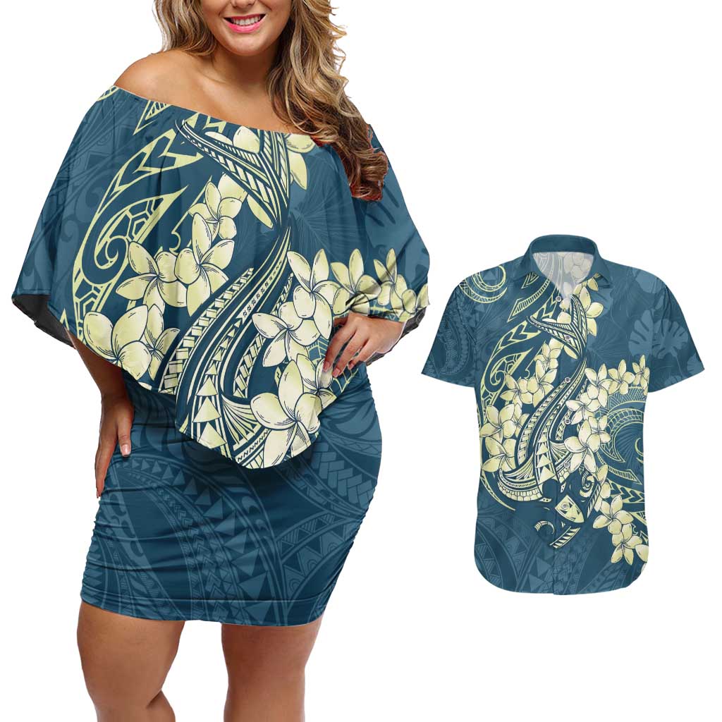 Cyan Polynesia Hammerhead Shark Tattoo With Plumeria Lei Couples Matching Off Shoulder Short Dress and Hawaiian Shirt LT14 Cyan - Polynesian Pride