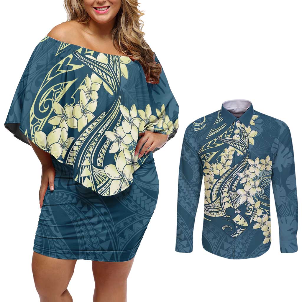 Cyan Polynesia Hammerhead Shark Tattoo With Plumeria Lei Couples Matching Off Shoulder Short Dress and Long Sleeve Button Shirt LT14 Cyan - Polynesian Pride