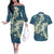 Cyan Polynesia Hammerhead Shark Tattoo With Plumeria Lei Couples Matching Off The Shoulder Long Sleeve Dress and Hawaiian Shirt