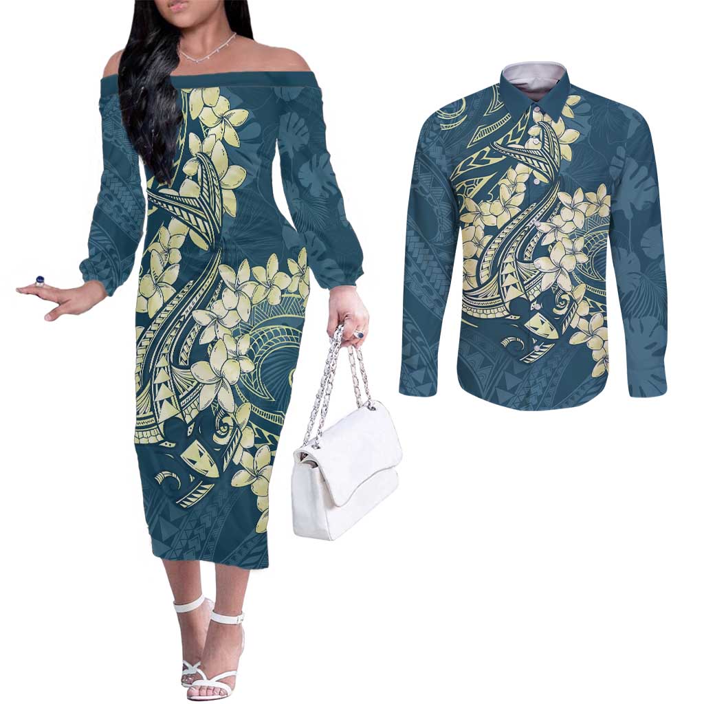Cyan Polynesia Hammerhead Shark Tattoo With Plumeria Lei Couples Matching Off The Shoulder Long Sleeve Dress and Long Sleeve Button Shirt LT14 Cyan - Polynesian Pride